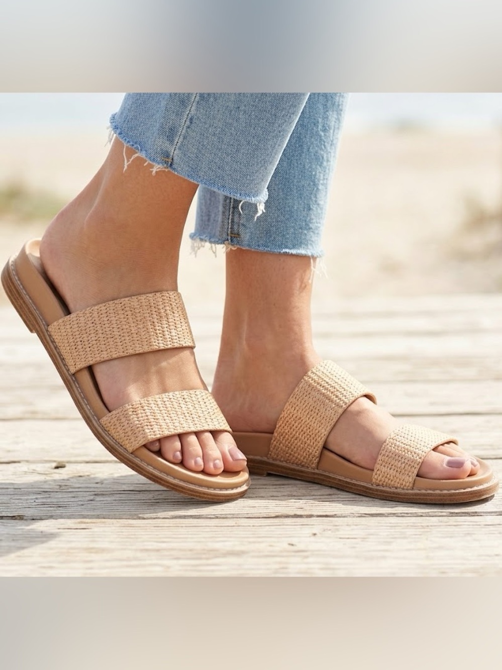 Joie Nimble Tan Raffia Double Strap Slide Sandals Size 6.5M EUC